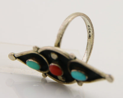 Navajo Handmade Ring 925 Silver Turquoise & Coral Native Artist C.80's