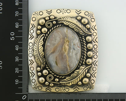 Navajo Belt Buckle .999 Nickel Agate Native Artist Handmade 2.5 x 3.0 in C.80s