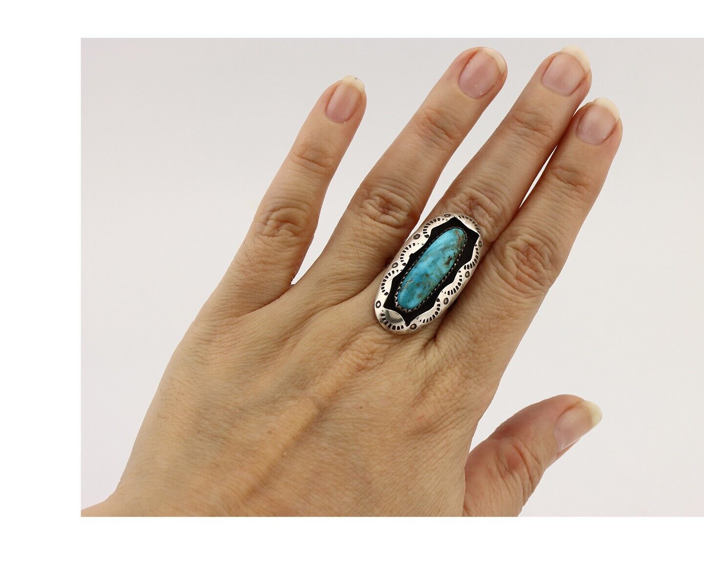 Navajo Ring 925 Silver Natural Kingman Turquoise Native American Artist C.80's