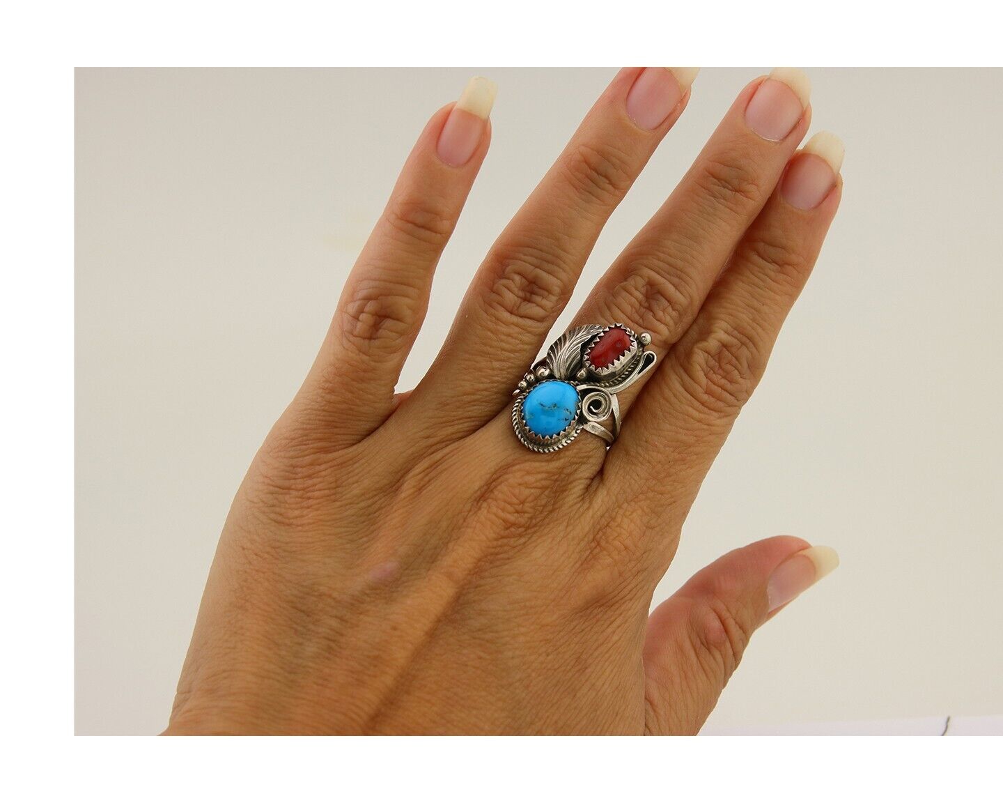 Navajo Handmade Ring 925 Silver Turquoise & Coral Artist Signed Justin Morris 80