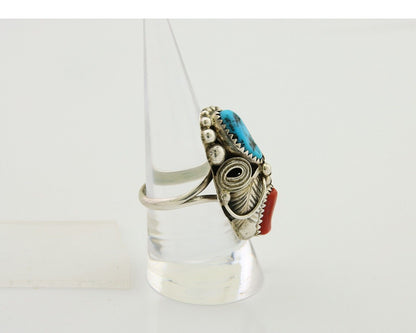 Navajo Handmade Ring 925 Silver Coral & Turquoise Signed Circle Max C.80's