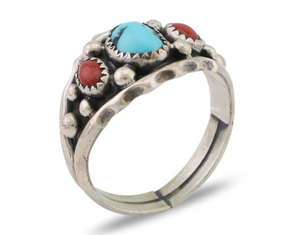 Navajo Ring 925 Silver Coral Turquoise Artist Signed Ella Cowboy C.80's