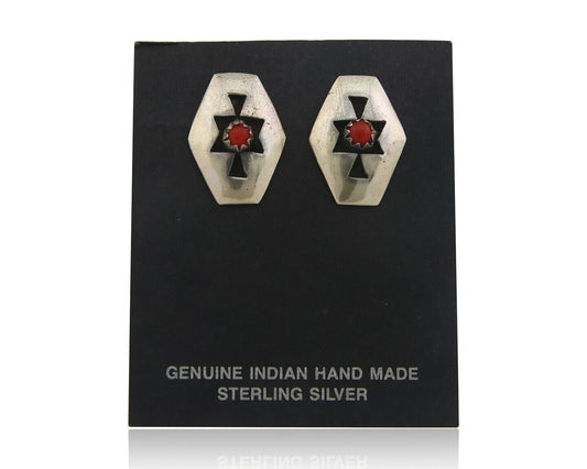 Navajo Earrings 925 Silver Natural Coral Native American Artist C.80's