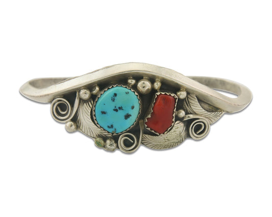 Navajo Bracelet 925 Silver Coral & Turquoise Cuff Signed Justin Morris C.80's