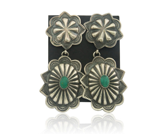 Navajo Earrings 925 Silver Handmade Concho Natural Turquoise Native Artist C80s