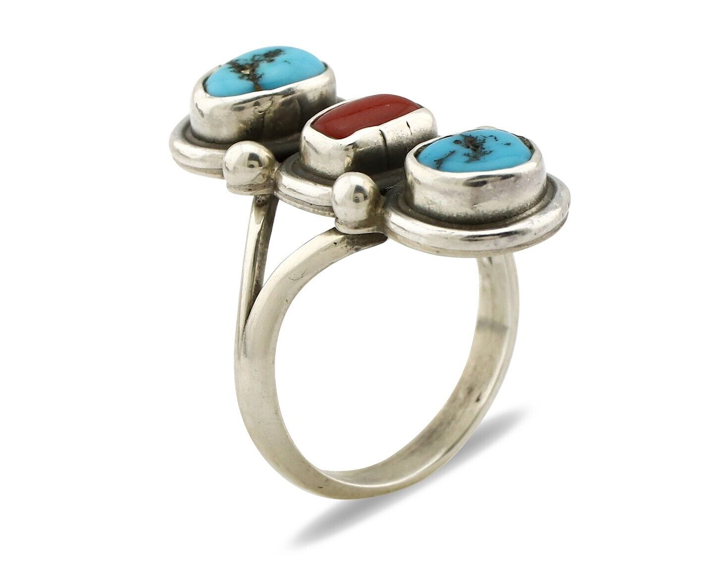 Navajo Ring 925 Silver Sleeping B Turquoise & Coral Native American Artist C.80s