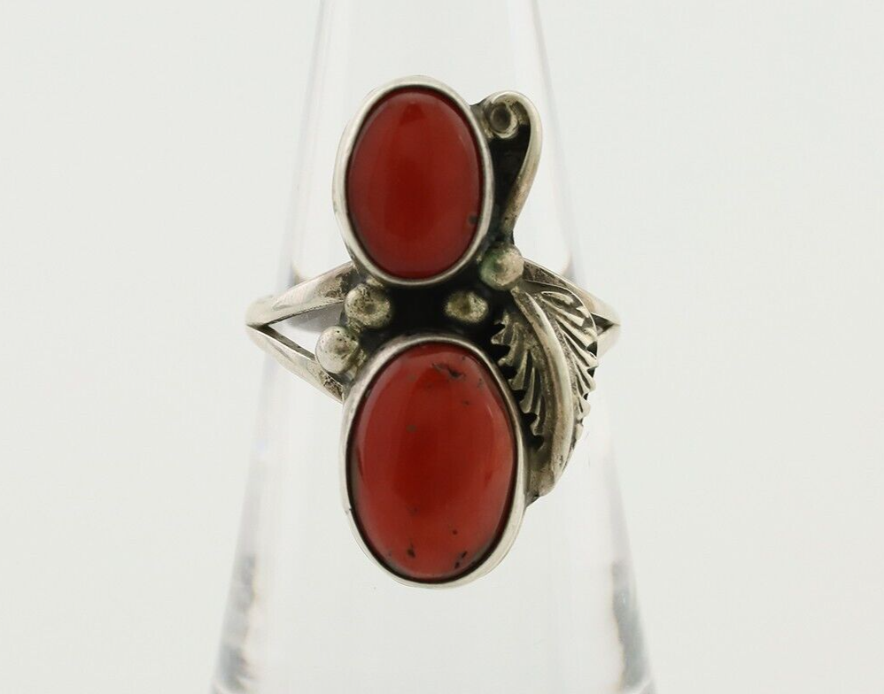 Navajo Ring 925 Silver Natural Mediterranean Coral Artist Signed A C.80's