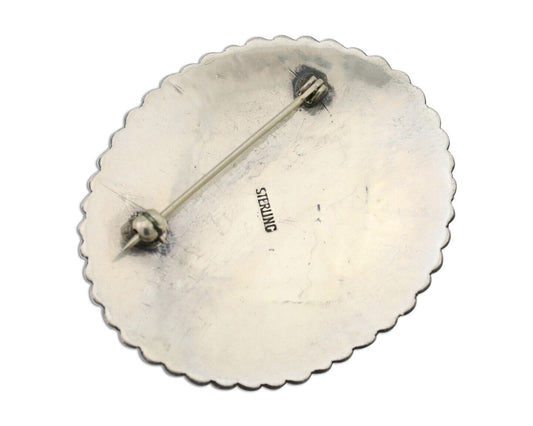 Navajo Pin 925 Silver Natural Turquoise Hand Stamped Native Artist C.80's