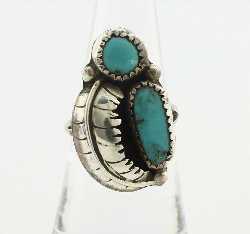 Navajo 2 Stone Ring 925 Silver Kingman Turquoise Native American Artist C.80's