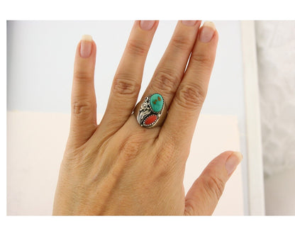 Navajo Ring 925 Sterling Turquoise & Coral Native Artist C.80's Size 6.5