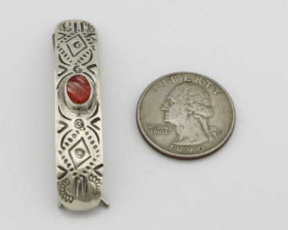 Women Navajo Hair Clip Barrette 925 Silver White Red Spiney Oyster Native Artist