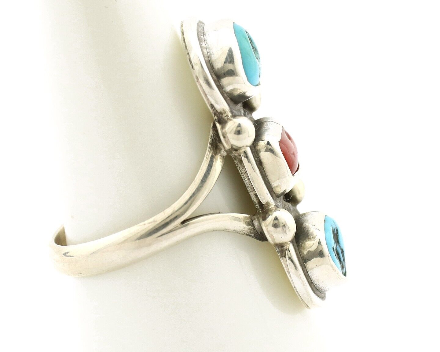 Navajo Ring 925 Silver Sleeping B Turquoise & Coral Native American Artist C.80s