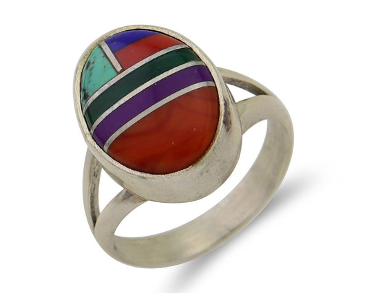 Navajo Ring 925 Sterling Silver Natural Gemstones Artist Signed Sunrise C.80's