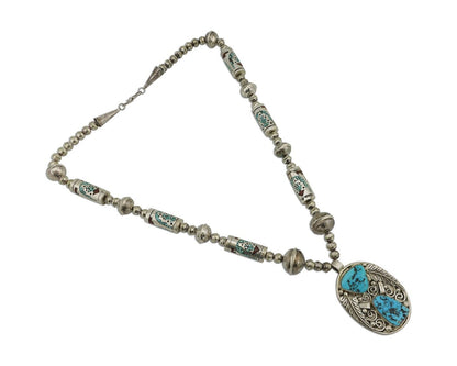 Navajo Reversable Inlay Necklace 925 Silver Turquoise & Coral Signed SD C.80's