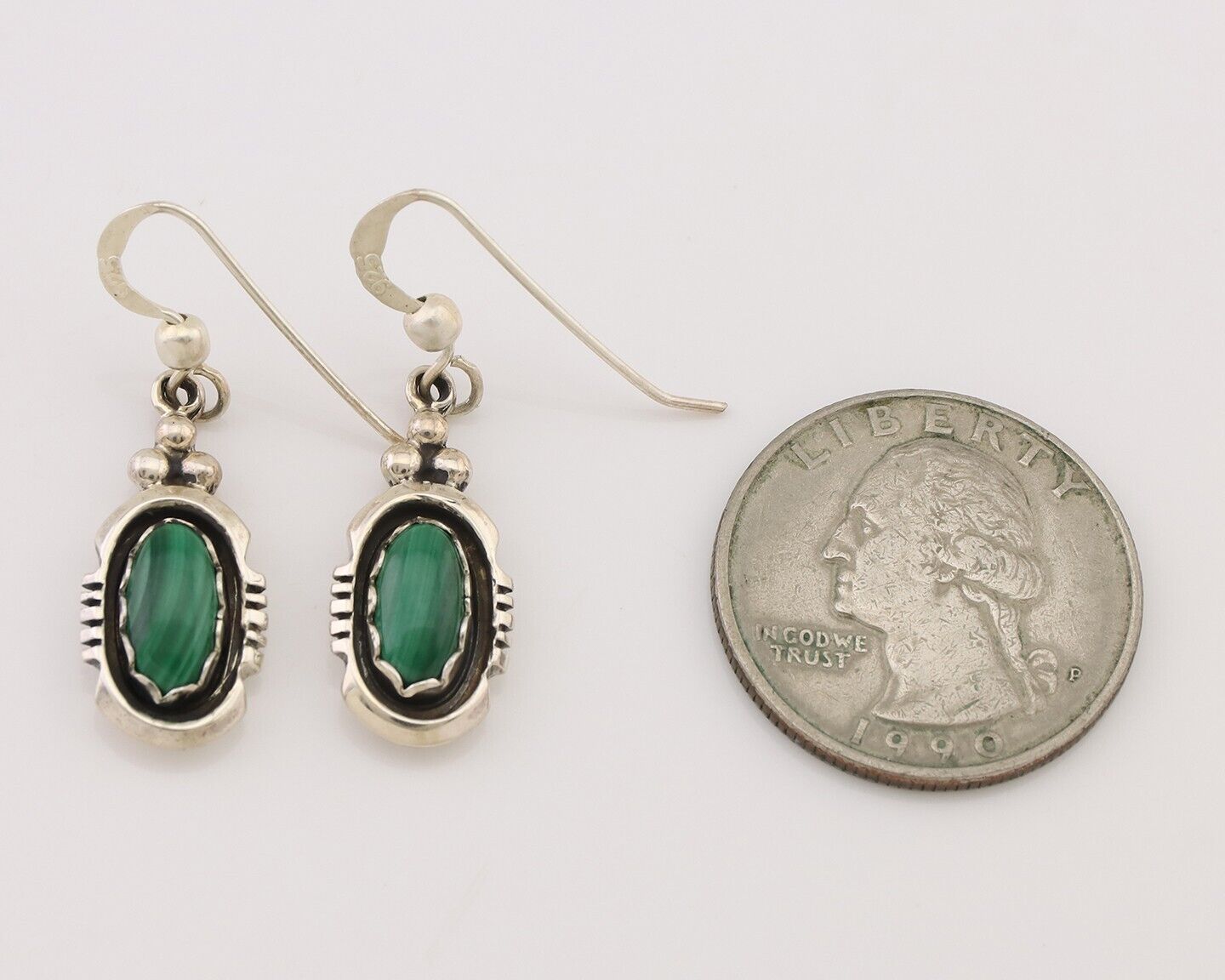 Navajo Dangle Earrings 925 Silver Natural Malachite Native American Artist C.80s