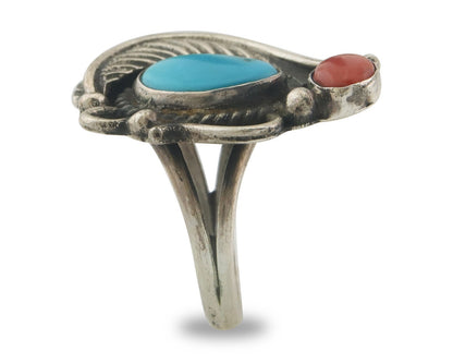 Navajo Ring 925 Sterling Natural Coral & Turquoise Native Artist C.80's Sz 6.0