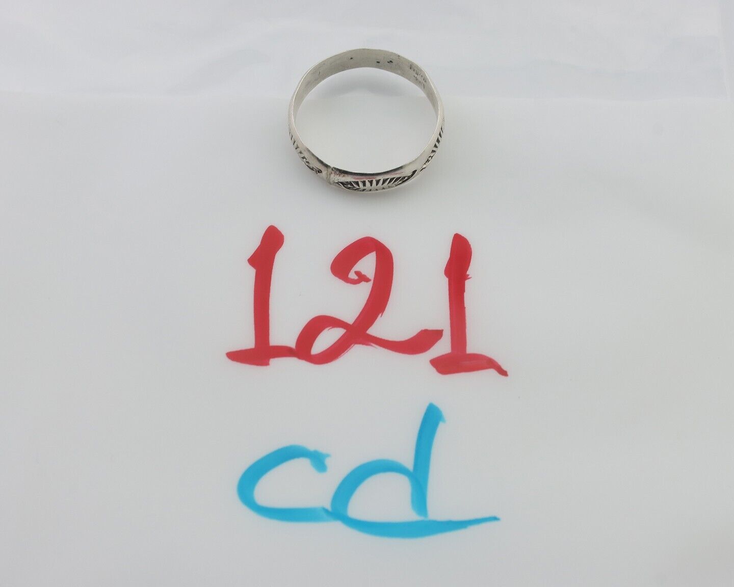 Navajo Hand Stamped Band 925 Silver 5.0 mm Signed Larry Chavez Size 8.5 C.80's