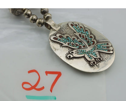 Navajo Reversable Inlay Necklace 925 Silver Turquoise & Coral Signed SD C.80's