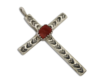 Navajo Cross Pendant 925 Silver Mediterranean Coral Signed Arthur Williams C.80s