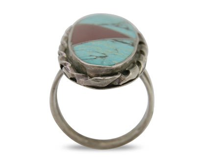 Navajo Ring 925 Silver Natural Turquoise Coral Signed Norman Lee Size 7.75