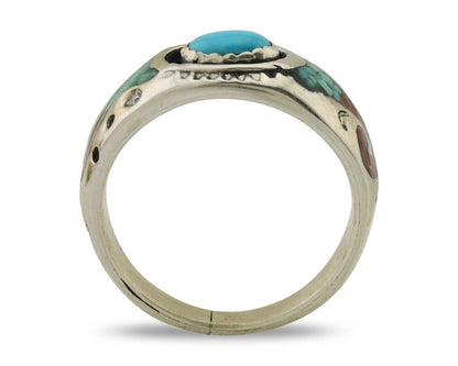 Navajo Ring 925 Silver Turquoise & Coral Natural American Artist C.80's