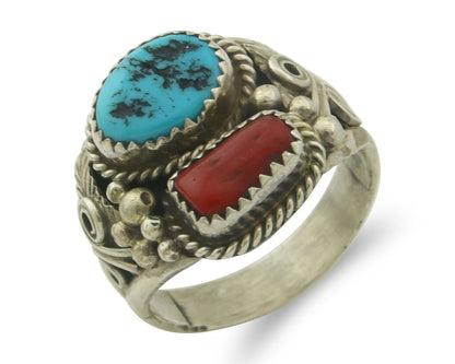 Men Navajo Ring 925 Sterling Natural Coral & Turquoise Signed JM C.80's Sz 12.5