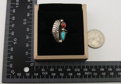 Navajo Ring 925 Silver Turquoise & Coral Artist Signed Moore C.80's