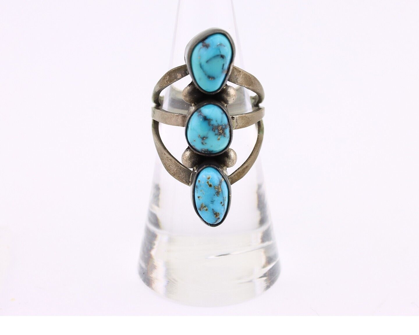 Navajo 3 Stone Ring 925 Silver Morenci Turquoise Native American Artist C.80's