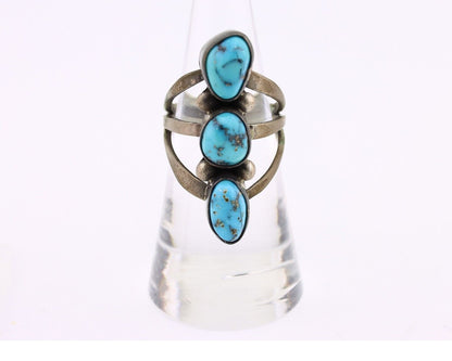Navajo 3 Stone Ring 925 Silver Morenci Turquoise Native American Artist C.80's