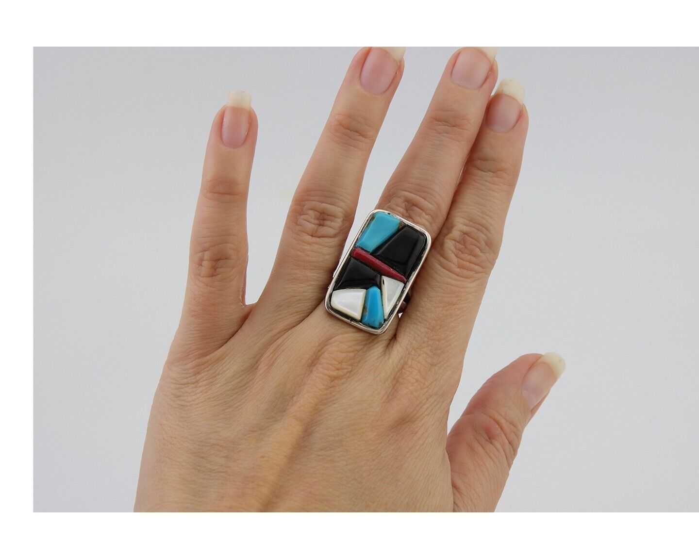 Navajo Ring 925 Silver Inlaid Natural Gemstone Signed WP Size 5.25