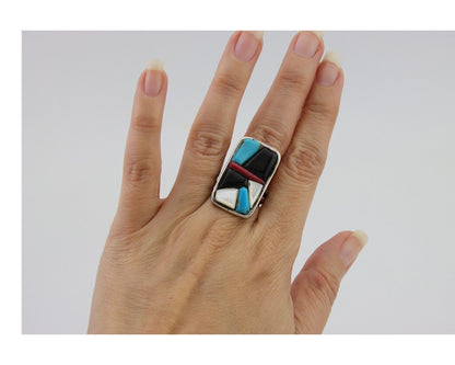 Navajo Ring 925 Silver Inlaid Natural Gemstone Signed WP Size 5.25