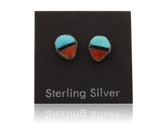 Navajo Earrings 925 Silver Inlaid Natural Onyx & Coral Native Artist C.80's