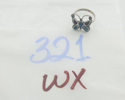 Navajo Ring 925 Silver Inlaid Butterfly Turquoise & Coral C.80's Size 5.5