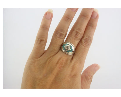 Navajo Ring 925 Sterling Natural Chip Inlay Coral & Turquoise C.80's Sz 8.0
