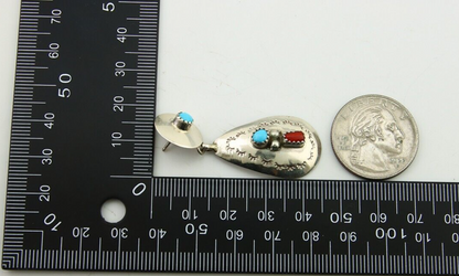Navajo Earrings 925 Silver Turquoise & Coral Artist Signed Leeann Lee C.80's
