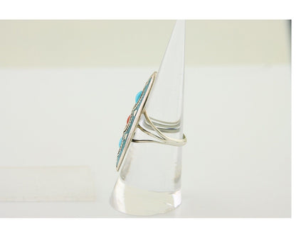 Navajo Handmade Ring 925 Silver Coral & Turquoise Signed Circle JW C.80's