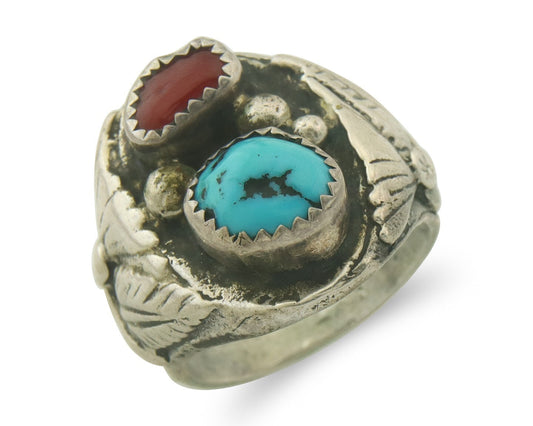 Vintage Navajo Ring 925 Sterling Turquoise & Coral Native Artist Size 8.75