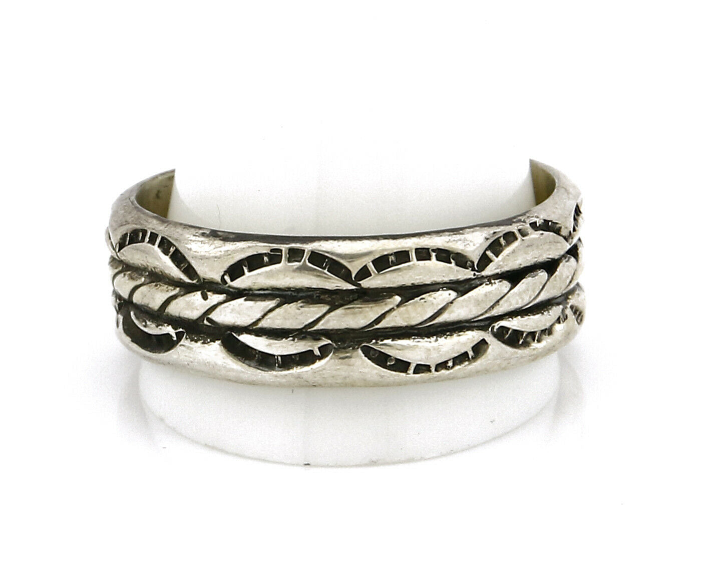 Navajo Ring .925 Silver Handmade Hand Stamped 3 Row Rope Band C.1980's Size 14.5