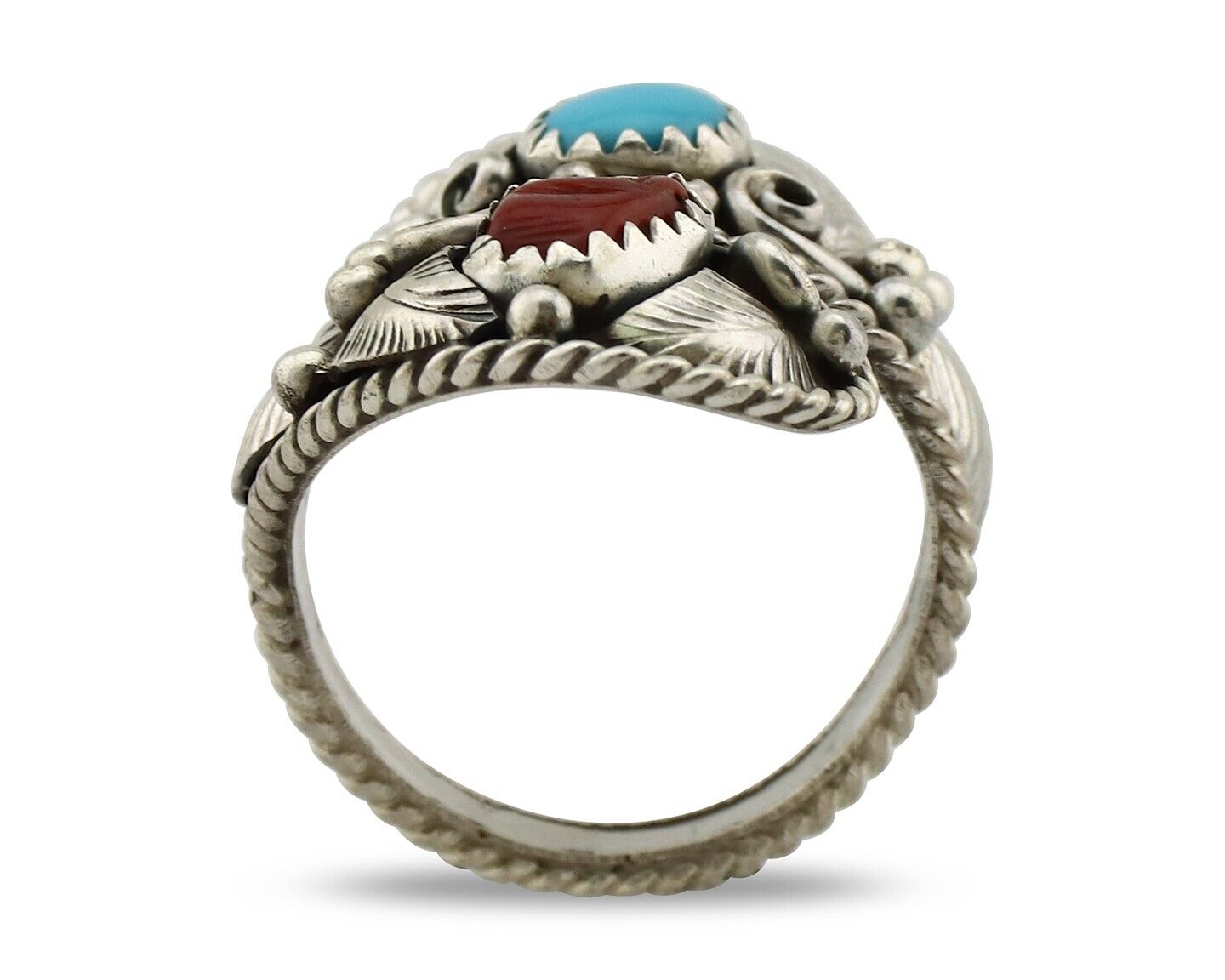 Navajo Adjustable Ring 925 Silver Turquoise & Coral Artist Signed Gecko C.80's