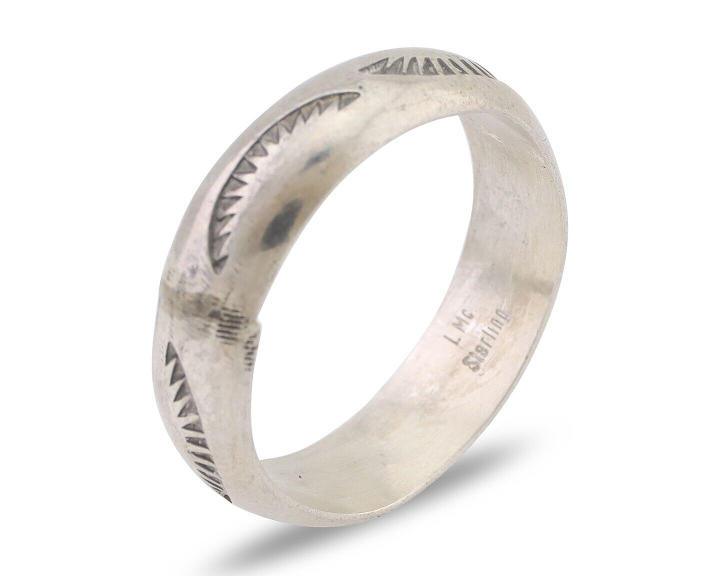 Navajo Hand Stamped Band 925 Silver 6.0 mm Signed Larry Chavez Size 9.75 C.80's