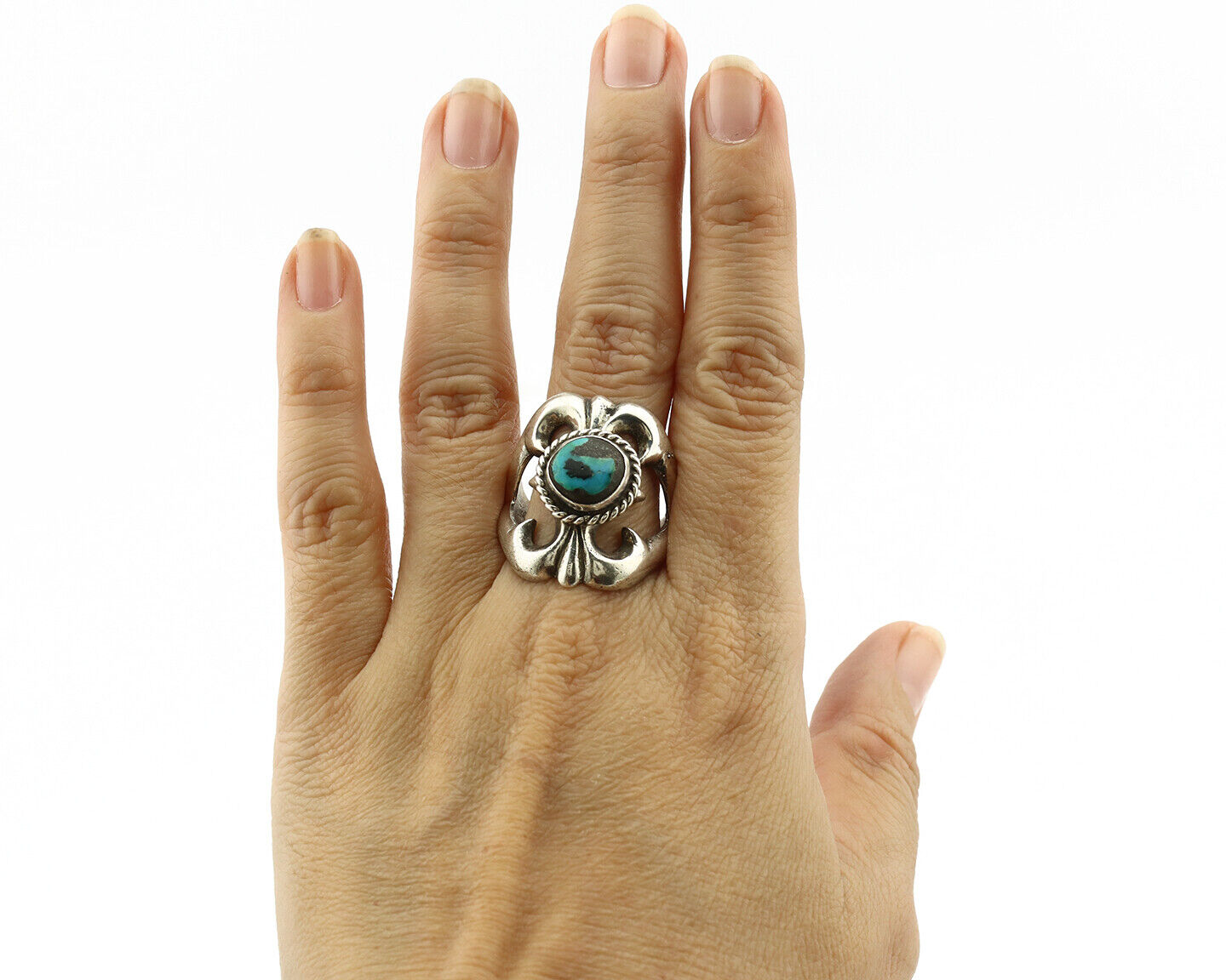 Navajo Sand Cast Ring .925 Silver Blue Turquoise Native Artist C.80's