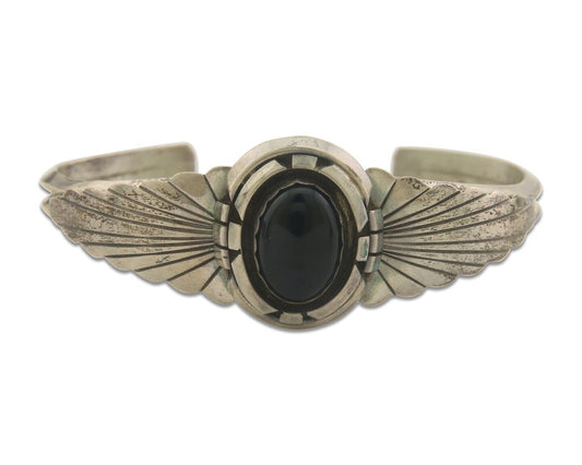 Navajo Bracelet 925 Silver Natural Onyx Cuff Native Artist Signed K C.80's