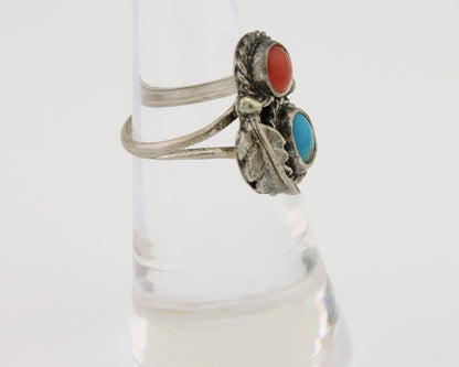 Navajo Handmade Ring 925 Silver Coral & Turquoise Native Artist C.80's