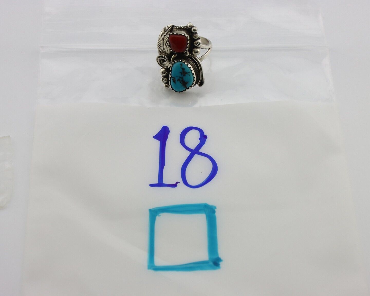 Navajo Ring .925 Silver Turquoise & Coral Artist Signed Justin Morris C.80's