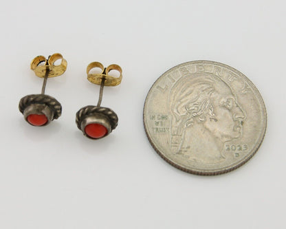 Navajo Earrings 925 Silver Natural Red Coral Native American Artist C.80's