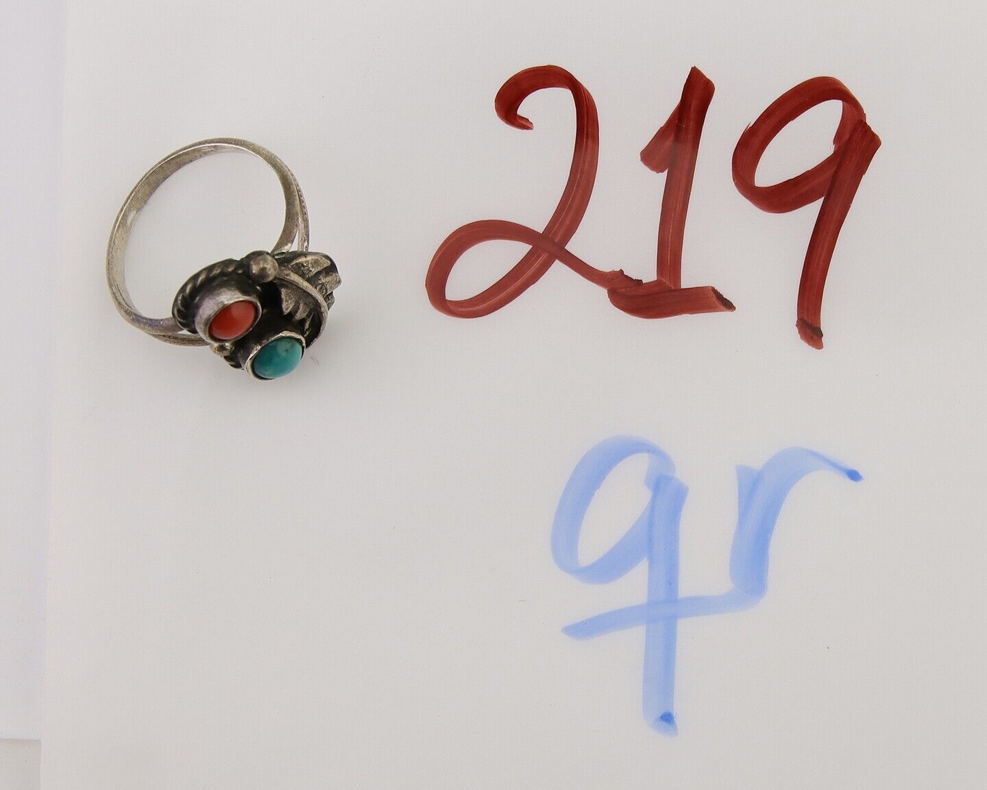 Navajo Handmade Ring 925 Silver Coral & Turquoise Native Artist C.80's