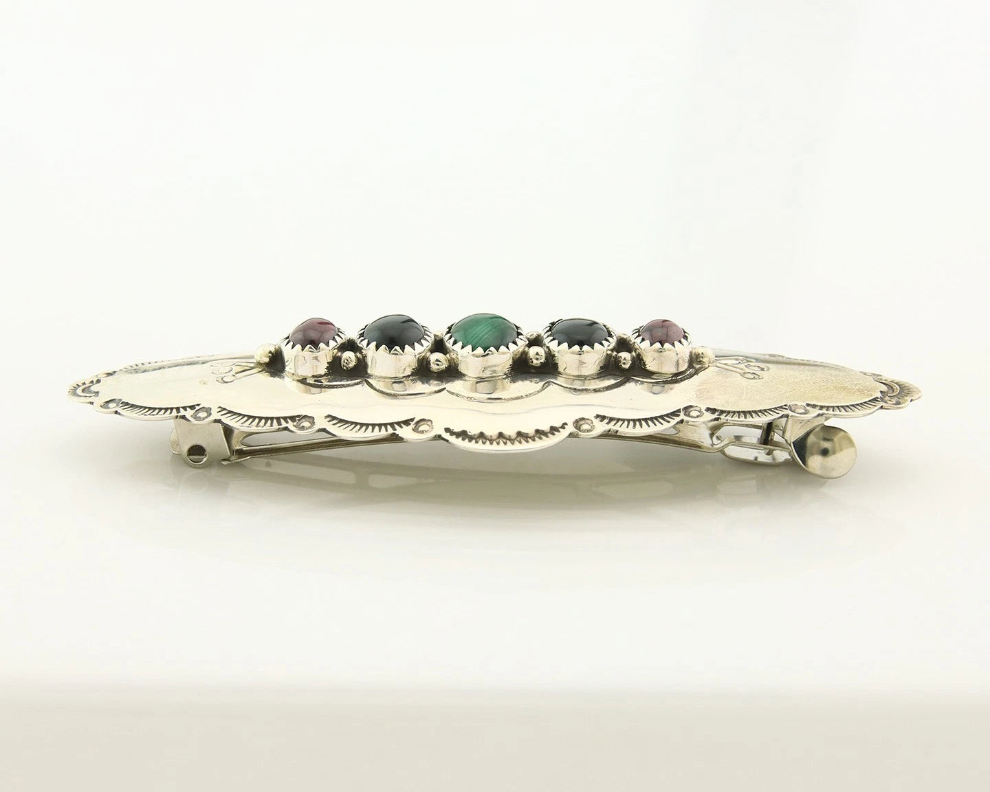 Navajo Barrette Sterling Silver Gemstones Hand Stamped Vintage Signed C/J NEZ