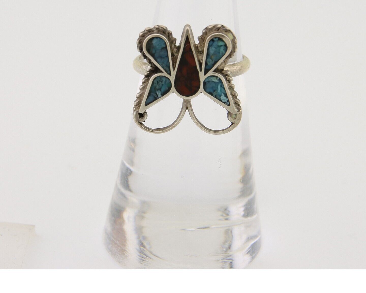 Navajo Handmade Butterfly Ring 925 Silver Coral & Turquoise Native Artist C.80's