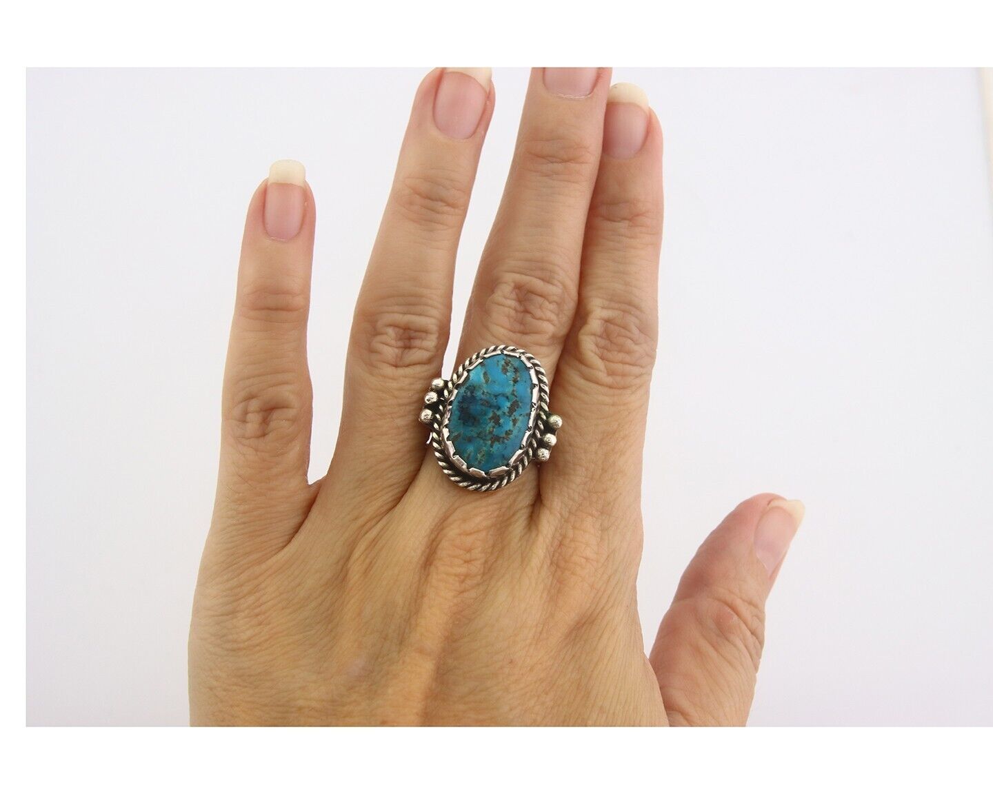 Navajo Ring 925 Sterling Turquoise Handmade Native Artist C.80's Size 7.5