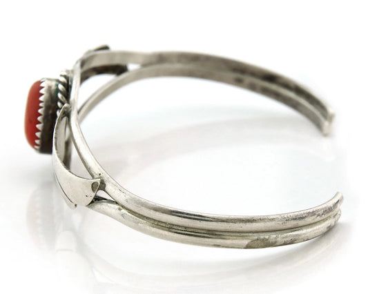 Navajo Cuff Bracelet 925 Sterling Silver Coral Handmade Vintage Signed HS